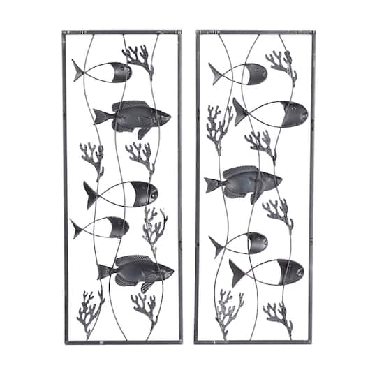 Set of 2 Blue Metal Coastal Fish Wall Decor, 11" x 29"